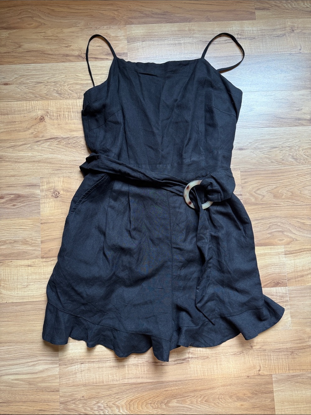 Black Sleeveless Linen-Blend Belted Romper